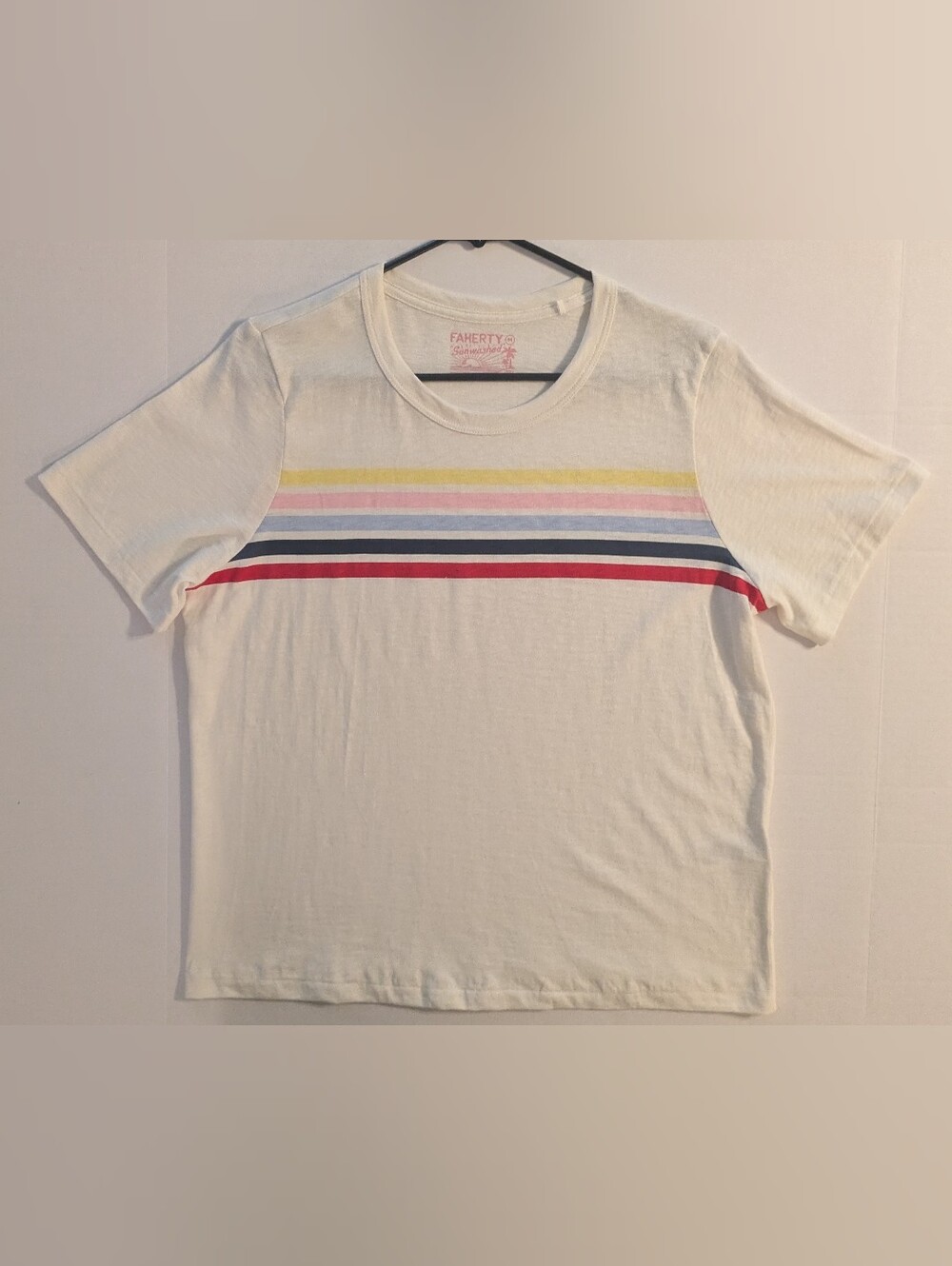 Faherty Women's Cream Crewneck T-Shirt w/ Multicolor Chest Stripes- M (NWOT)
